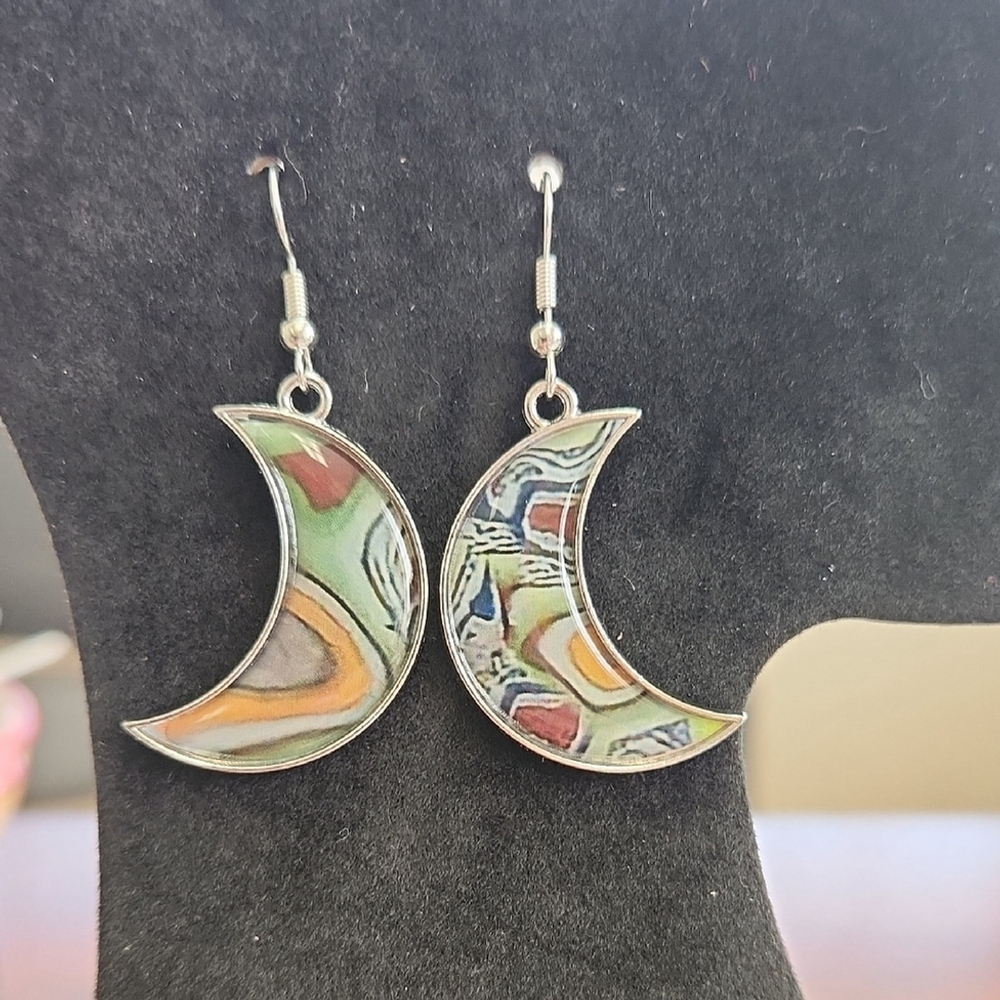 Crescent Moon Multicolored Earrings with Artistic Inlay